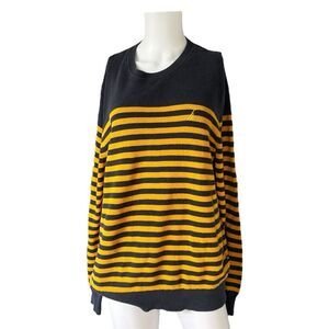 Nautica Striped Knit Sweater Pullover Blue Yellow Cotton Size Large